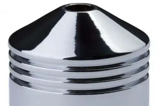 a shiny metal cylindrical object with three rings and a pointed top with an open hole